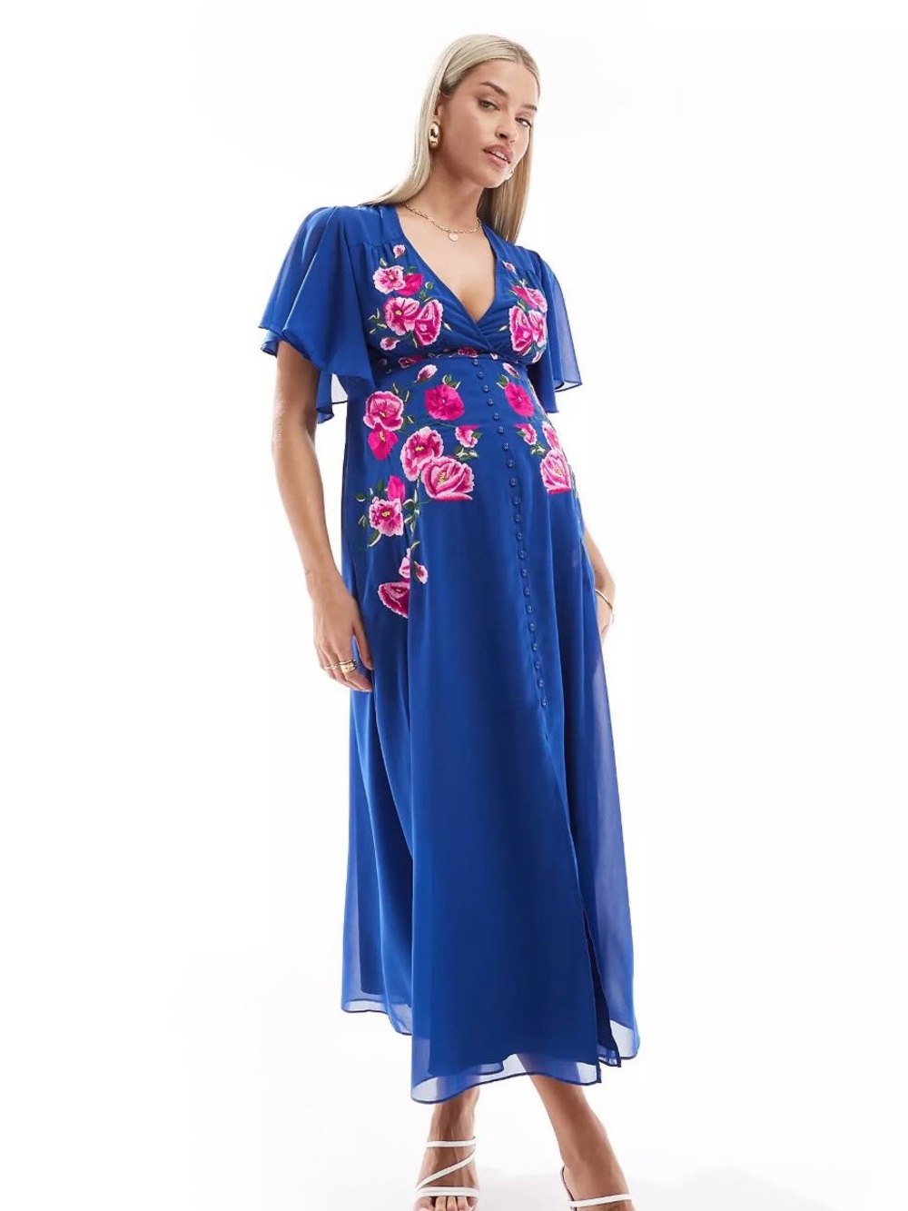 Hope & Ivy Maternity Blue Floral Embroidered Midi Dress - Elegant V-Neck